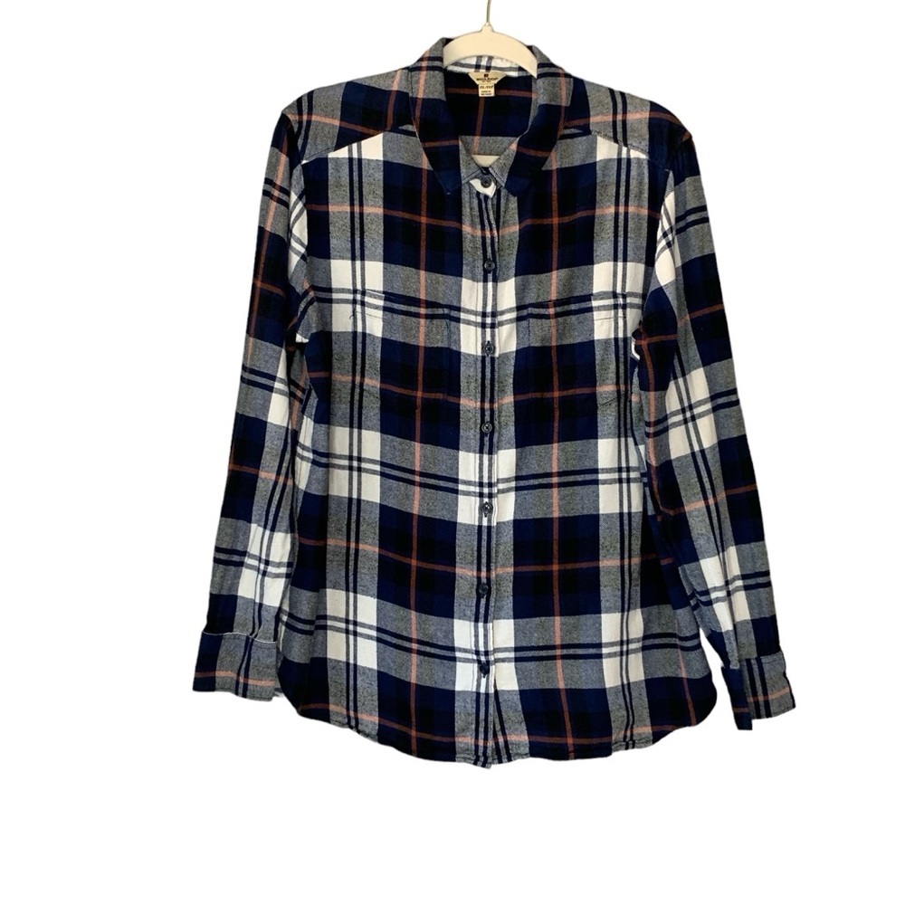 Woolrich navy, orange and white plaid flannel long sleeve button up.‎ Size XXL